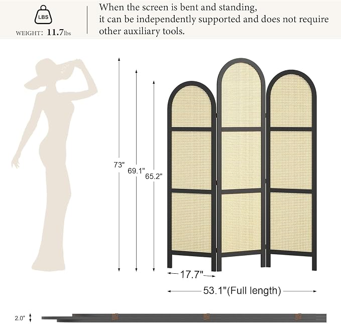 3-Panel Hand-Woven Rattan Room Divider, Tall Foldable Privacy Screen - Image 3