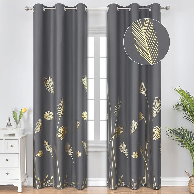 Elegant Natural Palm Leaf and Wheat Blackout Curtains Sunlight Blocking Noise by ESTELARTEXTILER