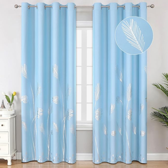 Sky Blue Blackout Curtains for Living Room, Room Darkening Silver Palm Tree by ESTELARTEXTILER