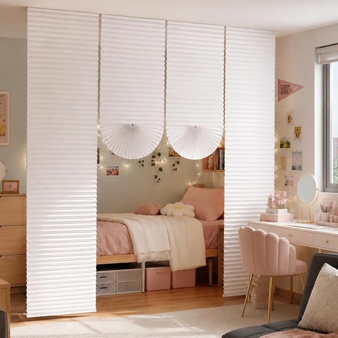 4 Pcs 10 x 9.8 ft No Drilling Dorm Room Divider | Non Woven Pleated Blinds by Threehoney