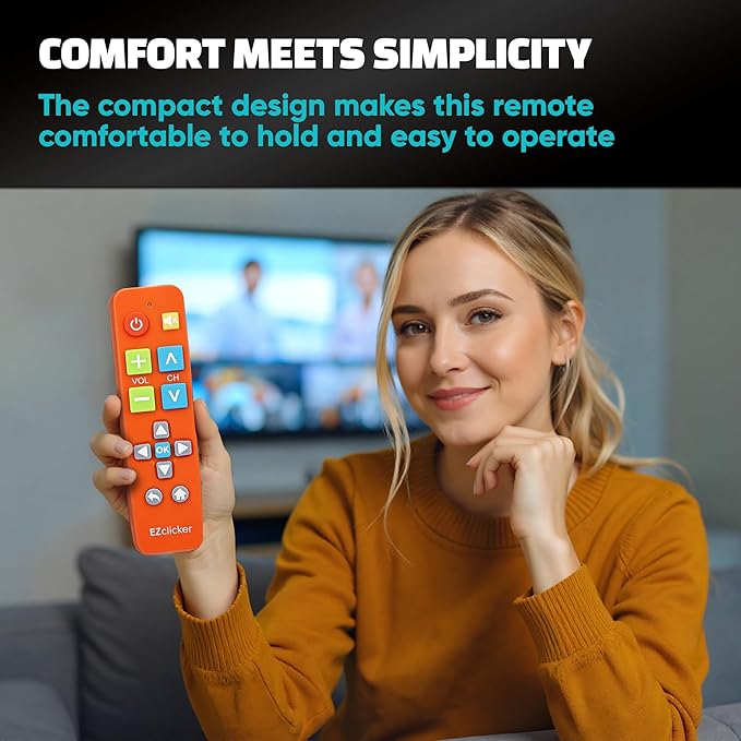 EZclicker Big Button Universal TV Remote (Orange) Simple Easy to Use, Great for Seniors, Works with Major TV Brands (2xAAA Batteries Not Included)