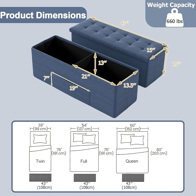 43" Folding Storage Ottoman Bench, End of Bed Foot Rest Stool - Image 3