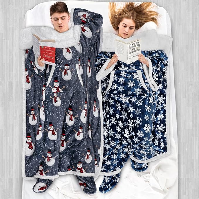 PAVILIA Sherpa Blanket with Sleeves, Foot Pocket for Women Men Adults, Thick Wearable Blanket Throw Wrap, Fleece Warm Snuggle Blanket Robe, Cozy Gift Ideas Wife Mom, Snowflake Blue