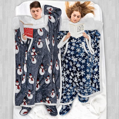 PAVILIA Sherpa Blanket with Sleeves, Foot Pocket for Women Men Adults, Thick Wearable Blanket Throw Wrap, Fleece Warm Snuggle Blanket Robe, Cozy Gift Ideas Wife Mom, Snowflake Blue