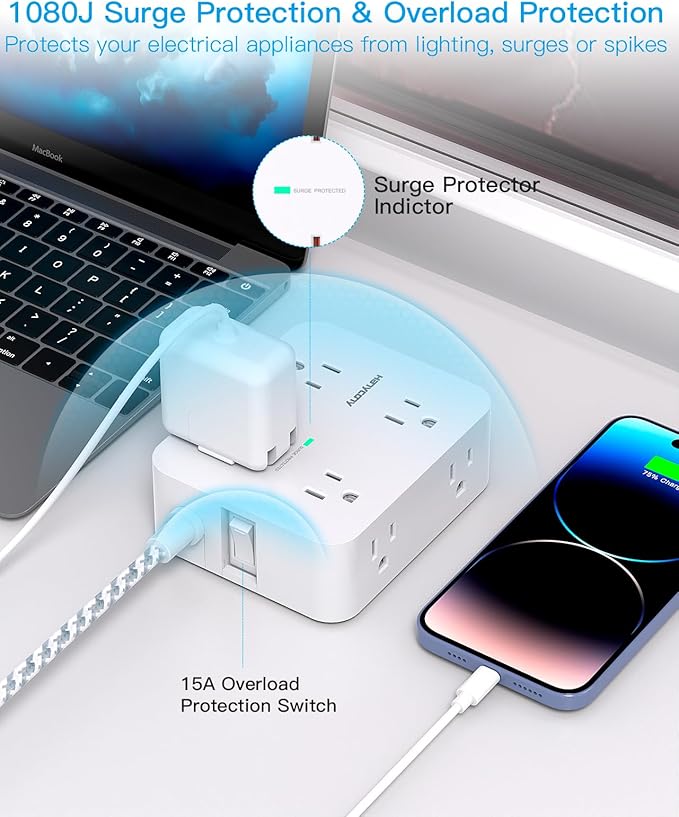 HANYCONY Surge Protector Power Strip, 10 Ft Braided Extension Cord, 1080J | 8 - Image 3