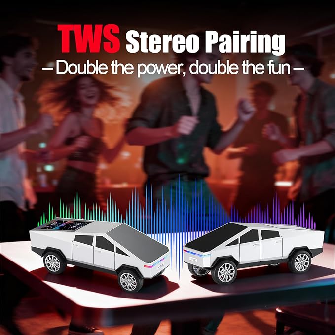 Futuristic Pickup Truck Bluetooth Speaker with LED Display Screen – Practical Gift Choice for Car Model Fans & Audio Users, TWS Stereo, FM Radio, USB/TF Playback, Front LED Headlights, Mic(Silver)