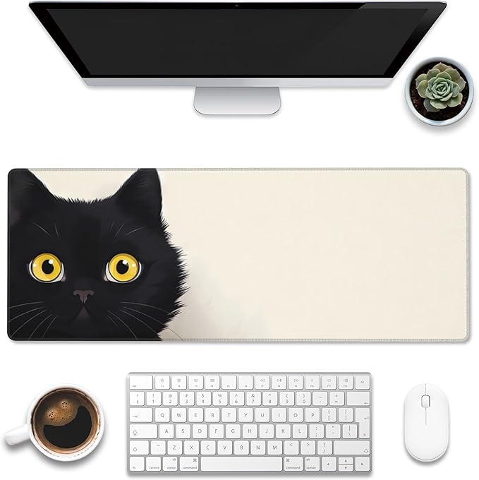 Eflxamz Desk Pad,Black Cat Desk Mat,Cute Cat Large Gaming Mouse Pad for Desk,Extended Big Computer Keyboard Mouse Pad with Non-Slip Base and Stitched Edge,31.5"x11.8"