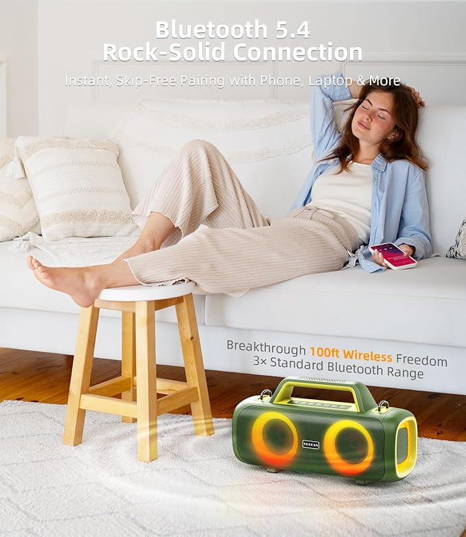 Portable Bluetooth Speaker Wireless,140W Peak Loud Sound with 2 Subwoofers and 2 Tweeters, Plus Bass Boost, IP65 Waterproof Outdoor Speaker, 24H Playtime, RGB Lights, TF/AUX/USB/Mic Input, Large Party