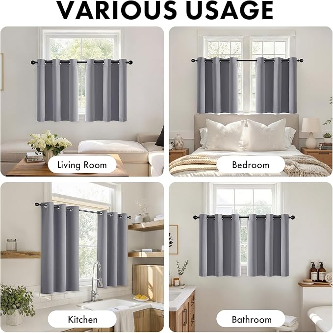 Short Light Grey Blackout Kitchen Curtain W40 x L45 Inch 2 Panels | Thermal - Image 5