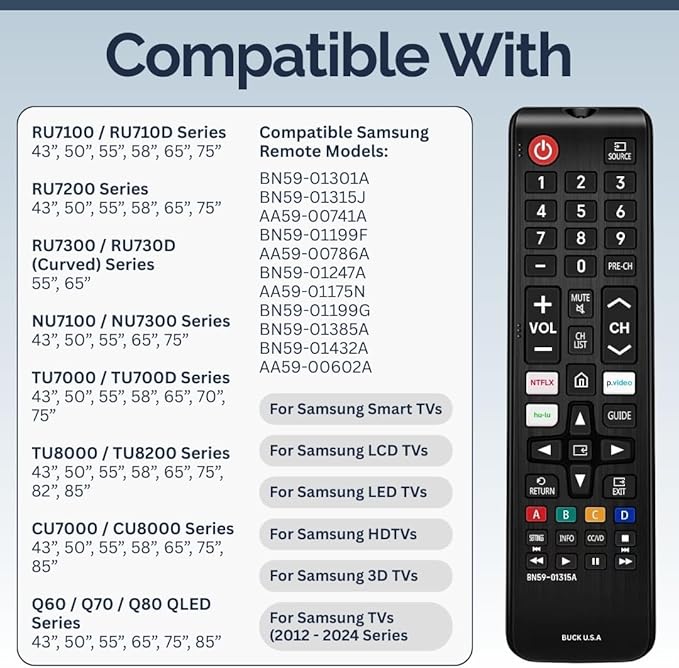 BN59-01315A Samsung TV Remote Control Replacement for Smart TV - Easy Setup, Durable Design, Universal Infrared Remote, Streaming Shortcuts - Works with Samsung Smart TV, LCD, LED, HDTV, 3D Models