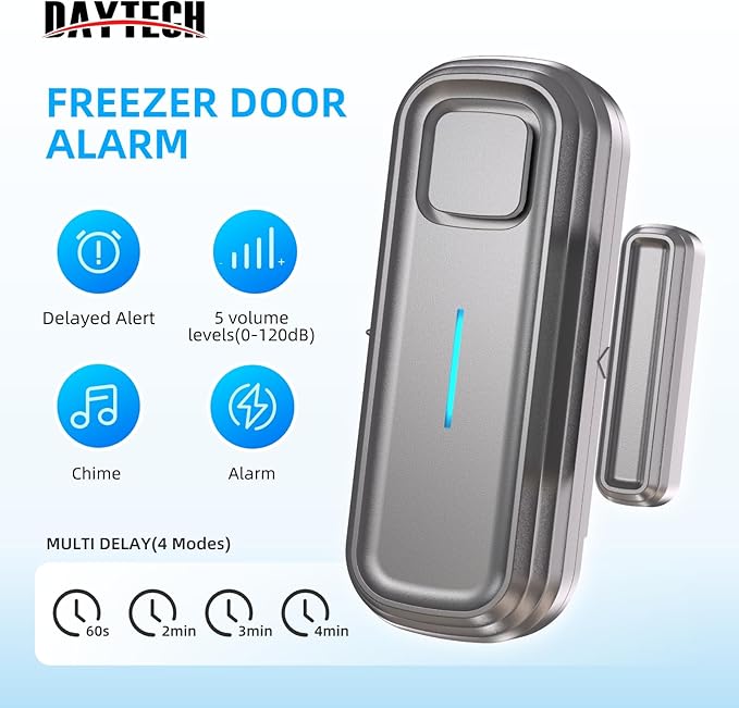 Daytech Freezer Door Alarm with Delay 1/2/3/4 mins Reminder When Left Open Fridge Alarm 0 to 120 dB Refrigerator Door ajar Alert for Home Garage Basement(1 Pack Gray)