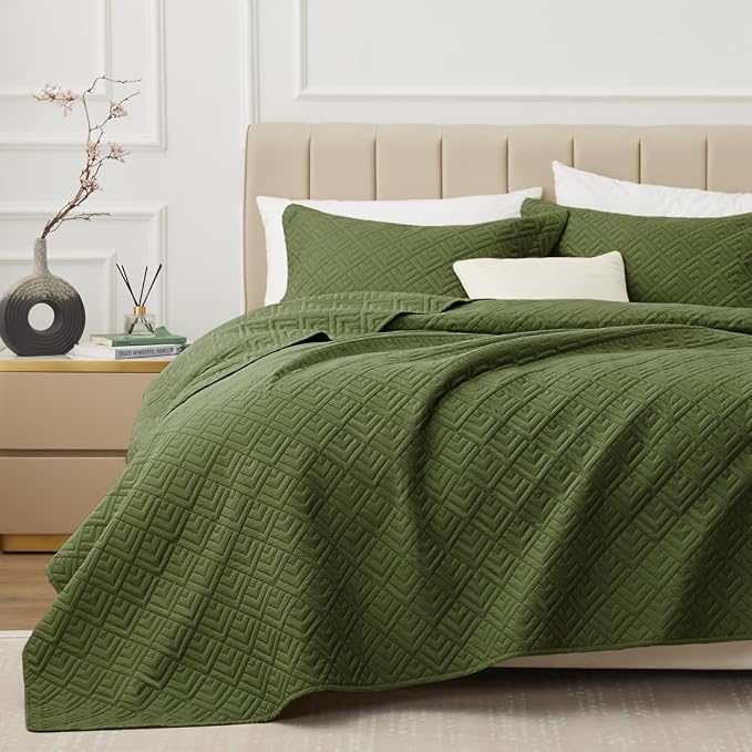 EXQ Home Quilt Set Queen Size Summer Squares Pattern Forest Green Bedspread | by EXQHomeTexitleCoLtd