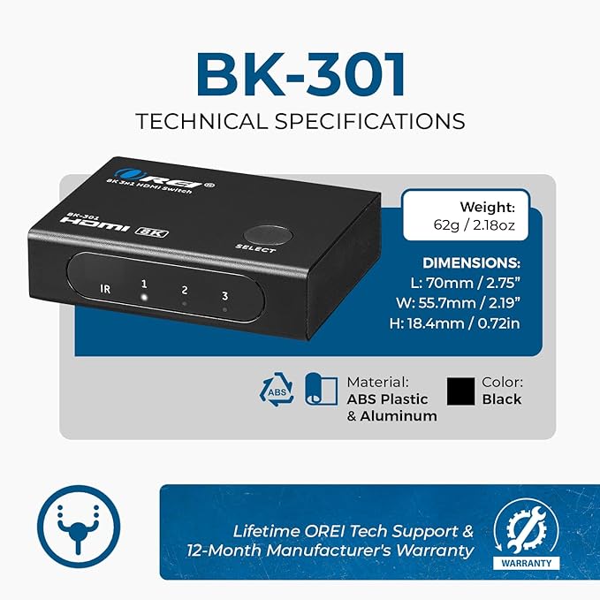 OREI HDMI Switcher with 4K@120Hz 4:4:4 / 8K@60Hz 4:2:0 - HDR10+, VRR, ALLM, QFT, CEC - 48Gbps Bandwidth - HDMI Switch with Remote – Perfect for Gaming with PS5/Xbox/PC