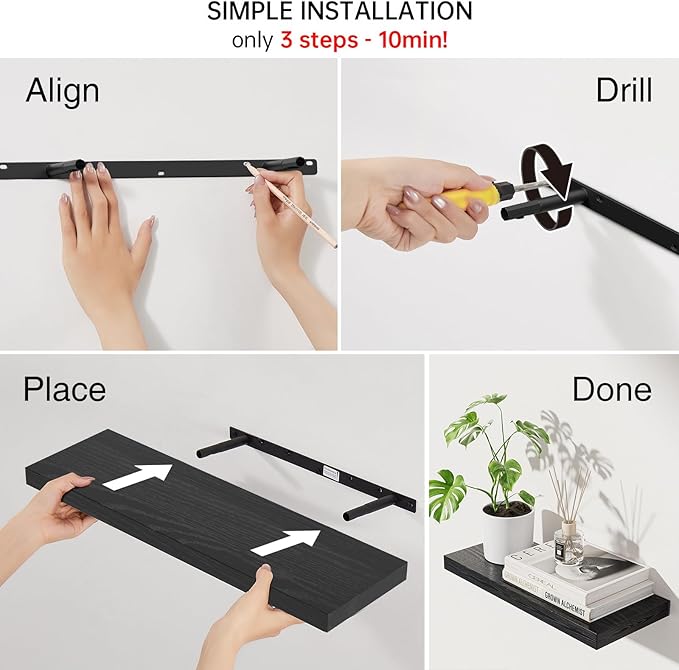 BAYKA Black Floating Shelves 22.5in, Wall Mounted - Image 6
