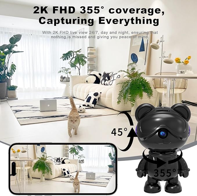dzcctvipc Cute Bear 2K Home Security Camera – Motion Monitor, Baby Cry Detection,Privacy Mode,5G Dual-Band,Pan & Tilt,Night Vision,24/7 Recording,2-Way Audio,Compatible with Alexa & Google Assistant