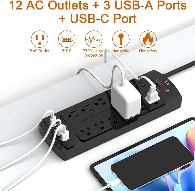Surge Protector Power Strip, Nuetsa 12 Outlets and 4 USB Ports, 6 Feet - Image 2