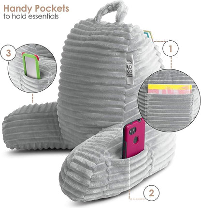 Nestl Reading Pillow for Kids & Teens with Shredded Memory Foam, Luxe Cut Plush Backrest Pillows for Reading and Gaming, For use on Couch, Bed, Floor, Adjustable Support with Washable Cover Light Grey