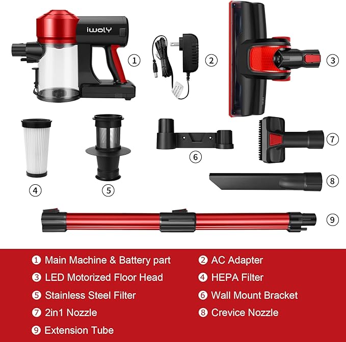 iwoly C150 Cordless Vacuum Cleaner Rechargeable with 2200mAh Detachable Battery, 18000Pa Cyclone Vacuum with HEPA Filter, Lightweight Portable Handheld Stick Vacuum for Hard Floor Car Cleaning