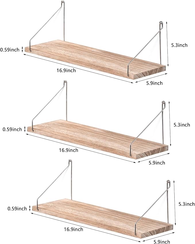 Floating Wall Shelves, Rustic Wood Wall Mounted Shelf Set of 3 | No Drill - Image 3