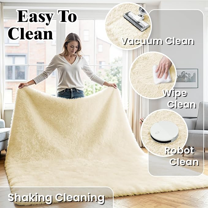 4x6 Fluffy Area Rug for Living Room: Non-Slip Cream White Bedroom Carpet | - Image 6