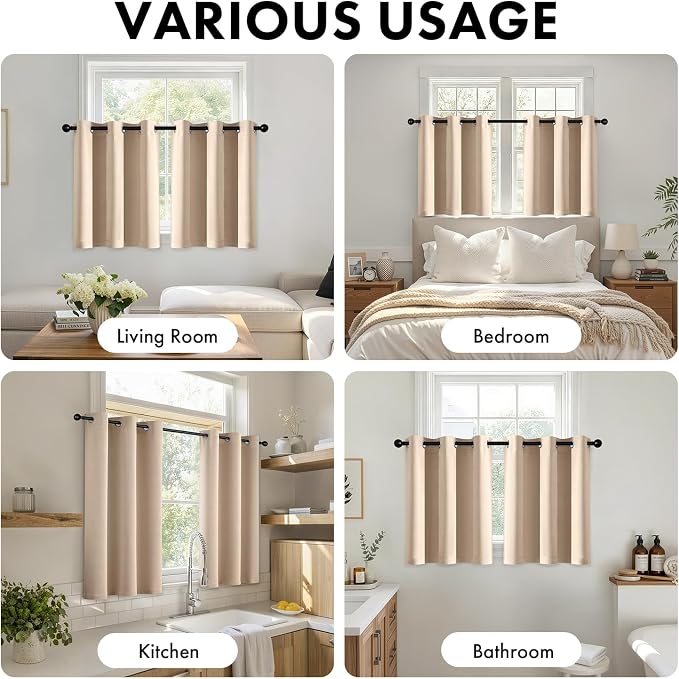 Short Beige Blackout Kitchen Curtain W40 x L45 Inch 2 Panels | Thermal Insulated - Image 5