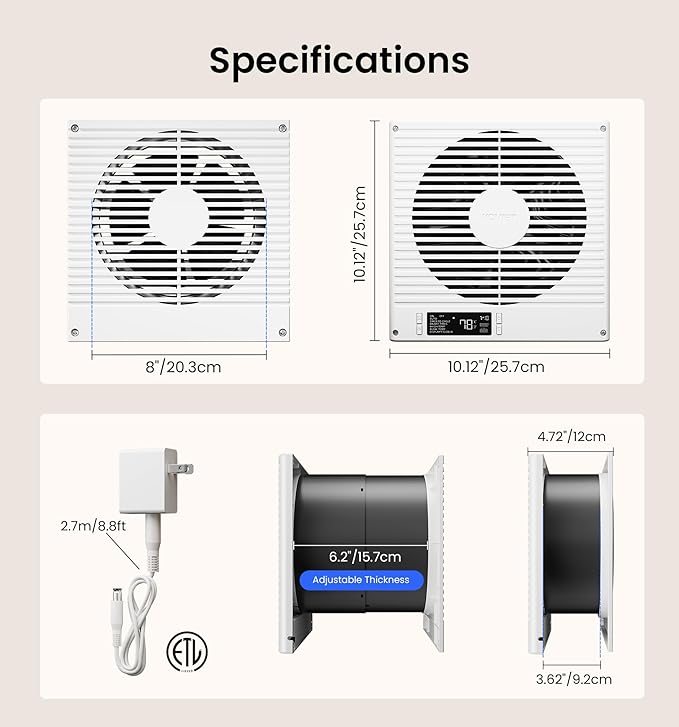 KOVIET 8" Room to Room Ventilation Fan with Remote, Quiet Reversible Through the Wall Air Transfer Fan, 10-Speed Smart Exhaust Vent, Temperature Control, ETL Certified for Bedroom, Kitchen, Laundry