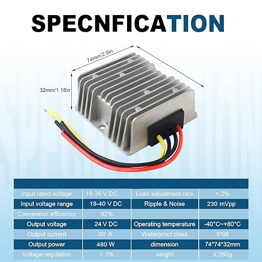 DC 18-36V to 24V Step up Down Converter 20A 480W DC Voltage Regulator Power Converter Waterproof Module Transformer for Golf Cart Club Car