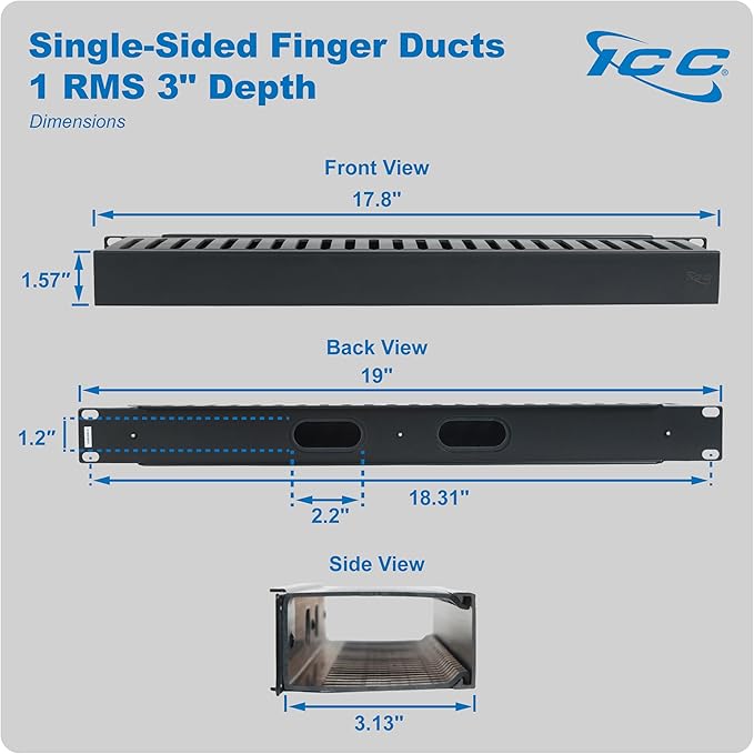 ICC 1U Finger Duct Cable Manager Panel with Cover, Plastic with Metal Back Frame, 3" Depth, Horizontal Cable Management, Rackmount for 19” Network Racks, Black, 6-Pack