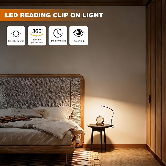 24 LED Clip Light 3 Color Dimmable Clip Desk Lamp Black | Metal Gooseneck | - Image 8
