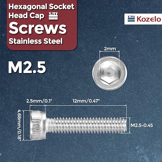 Kozelo 20pcs Socket Head Cap Screws - [M2.5-0.45 x 12mm] 304 Stainless Steel Allen Socket Drive for Electrical Motor 3D Printing Fan Engine Replacement Use, Silver