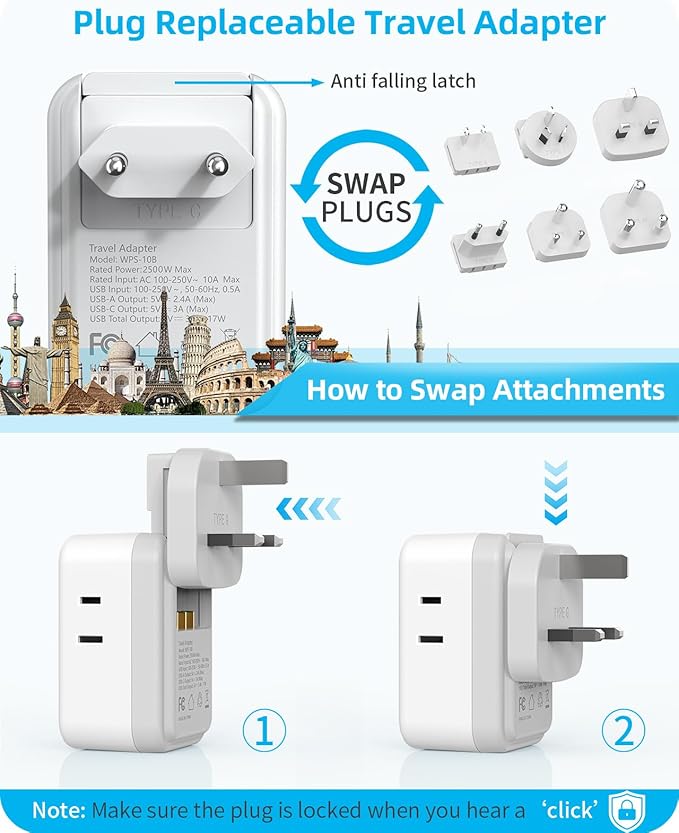 PAEWOK European Travel Plug Adapter Set, 8-in-1 Travel Adapter with 4 AC, 4 USB Ports (2 USB C), US to EU/UK Universal Adapter, International Power Adapter with Type C/G/A/I/D/M Detachable Plugs