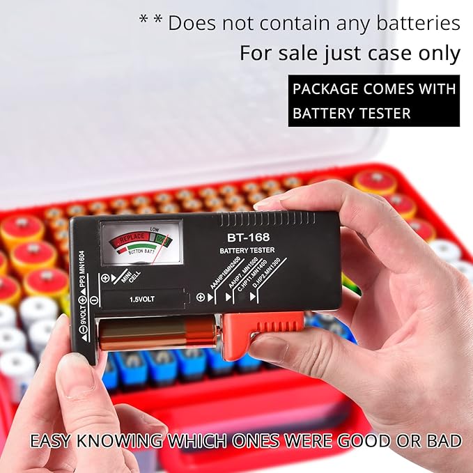 Aptbyte Battery Organizer Storage Holder Box Case with Tester- 269 Batteries Double-Sided Variety Pack, Holds AA AAA 4A C D Cell 9V 3V Lithium LR44 CR2 CR123 CR1632 18650 Button- Red (Box Only)