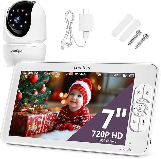 Comfyer Baby Monitor with Camera and Audio, 7" 720P HD Video Baby Monitor No WiFi, 6000mAh Battery, VOX Mode, Auto Night Vision, Hack Proof, Remote PTZ