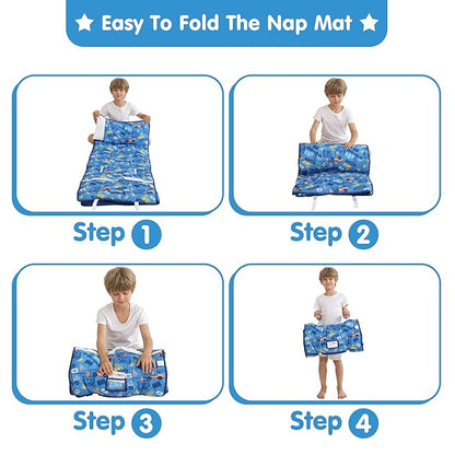 Viviland Toddler Kid Nap Mat for Preschool, Boys Blue Car Slumber Bag, Daycare Sleeping Bag with Pillow and Blanket, Kindergarten Sleep Mat