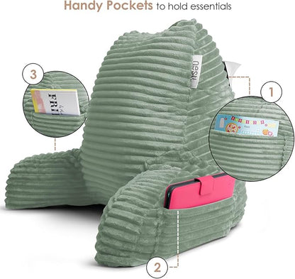 Nestl Reading Pillow with Shredded Memory Foam, Luxe Cut Plush Back Pillow for Sitting Up in Bed, Back and Arms Adjustable Support for Adult & Teens, Backrest Pillows with Washable Cover Sage Green