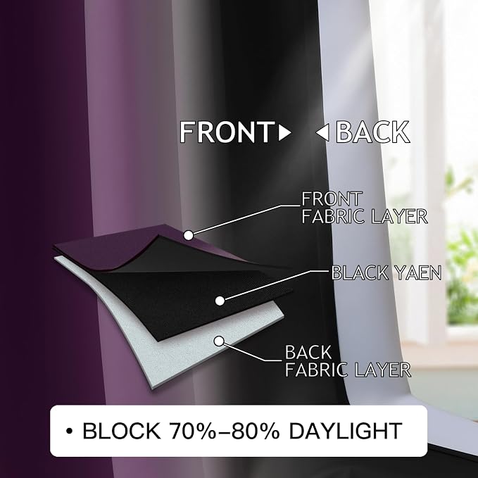 COSVIYA Grommet Ombre Blackout Purple and Black Curtains, W52 x L84 inch | Room - Image 4