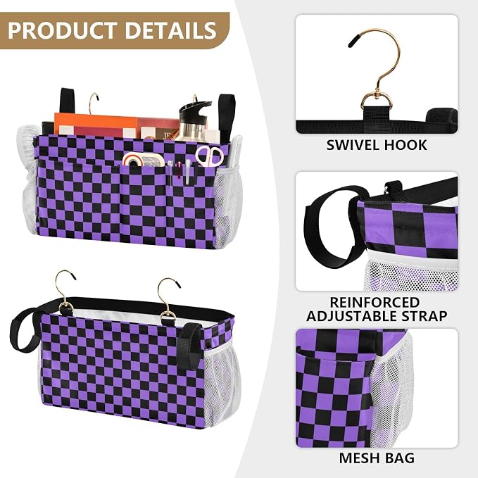 Checkerboard Black Purple Plaid Print Bedside Caddy Storage Bag Bedside - Image 5