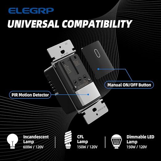 ELEGRP Occupancy Motion Sensor Light Switch, PIR Infrared Motion Activated Wall Switch, No Neutral Wire, Single Pole for CFL/LED/Incandescent Bulb, with Wall Plate, UL Listed (10 Pack, Matte Black)
