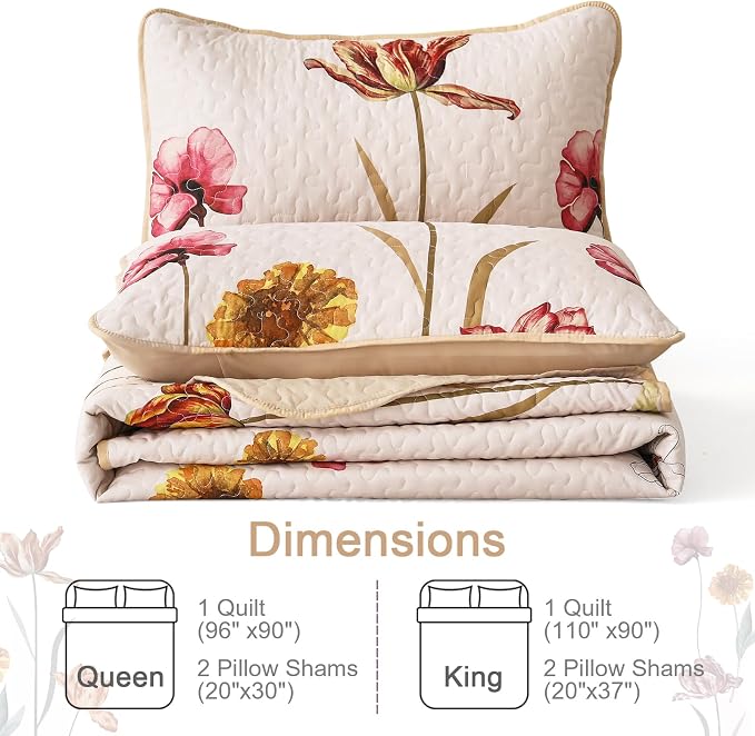 WONGS BEDDING Floral Quilt Set Queen Size, 3 Pieces Beige Bedspread | Chic - Image 7