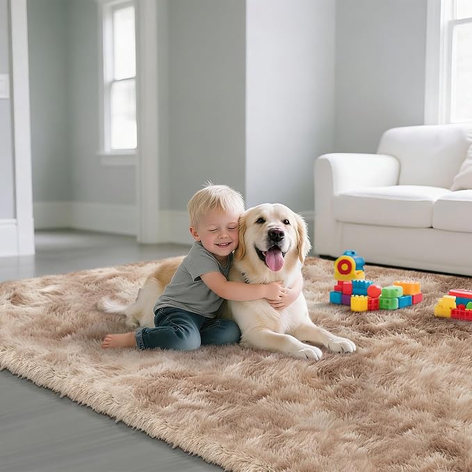 Mottled Beige 3x5 Area Rugs for Bedroom, Fluffy Shag Rug Small Carpet | - Image 3