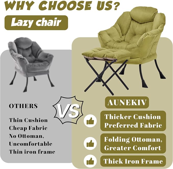 Lazy Chair with Ottoman, Comfy Reading Chair, Olive Green | Cushioned Seat with - Image 5
