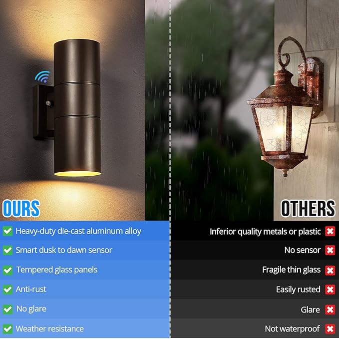 wowlite Modern Outdoor Wall Light with Dusk to Dawn Sensor 2 Pack, LED Cylinder Up Down Wall Light Outdoor 2700K Warm Light Bronze Exterior Light Fixture, IP65 Waterproof Wall Sconce for Porch Garage