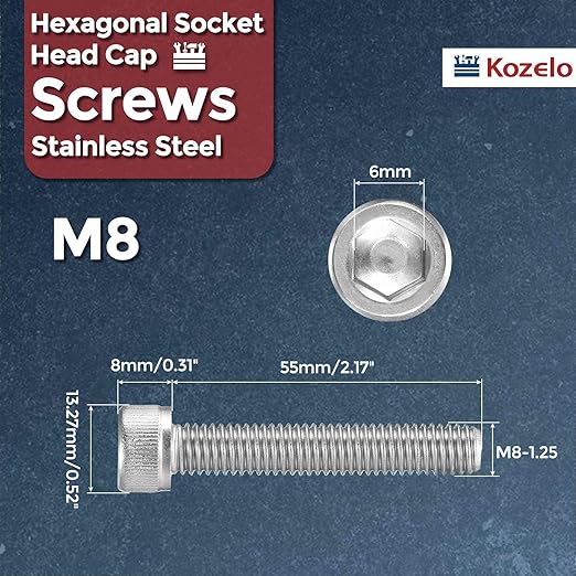 Kozelo 5pcs Socket Head Cap Screws - [M8-1.25 x 55mm] 304 Stainless Steel Allen Socket Drive for Electrical Motor 3D Printing Fan Engine Replacement Use, Silver