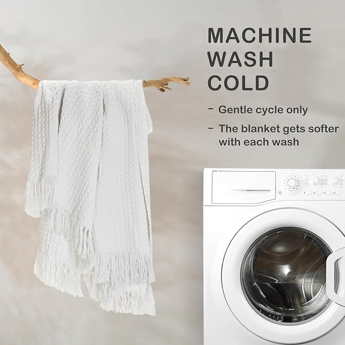 100% Cotton Waffle Blanket with Fringe, Pre-Washed Waffle Weave Blanket for All Season, Lightweight Breathable Soft Cozy Throw Blanket for Couch, Bed, Travel (White - 50x60 Inches)