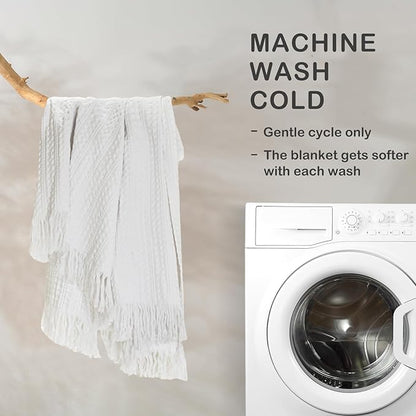 100% Cotton Waffle Blanket with Fringe, Pre-Washed Waffle Weave Blanket for All Season, Lightweight Breathable Soft Cozy Throw Blanket for Couch, Bed, Travel (White - 50x60 Inches)