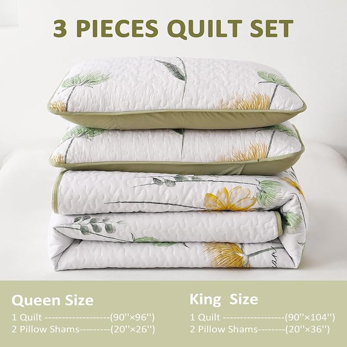 Dinjoy Floral Quilt Set Queen, Fower Plant Bedspread Coverlet Set 3 Pieces | - Image 6