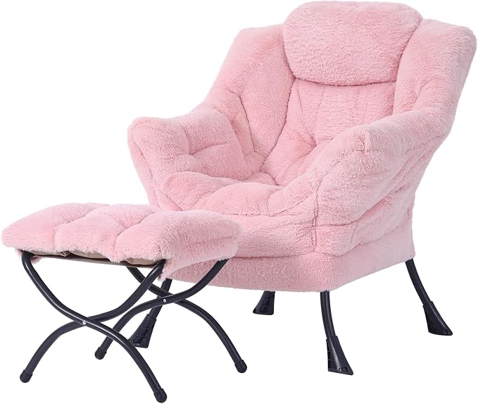 Welnow Lazy Chair with Ottoman, Reading Chair with Footrest, Plush Pink | A by LifeGetsBetterWithWelnow