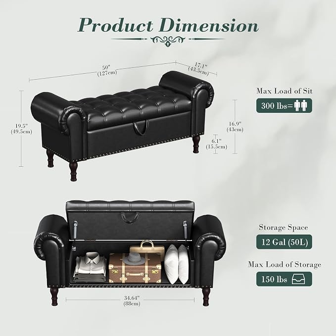 Apicizon 50" Bench with Storage, Upholstered Tufted Button Bedroom Bench with - Image 2