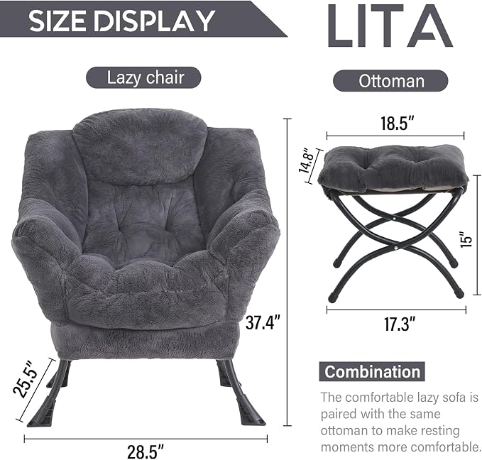 Lazy Chair with Ottoman, Comfy Accent Reading Chair, Plush Navy | Foldable - Image 3