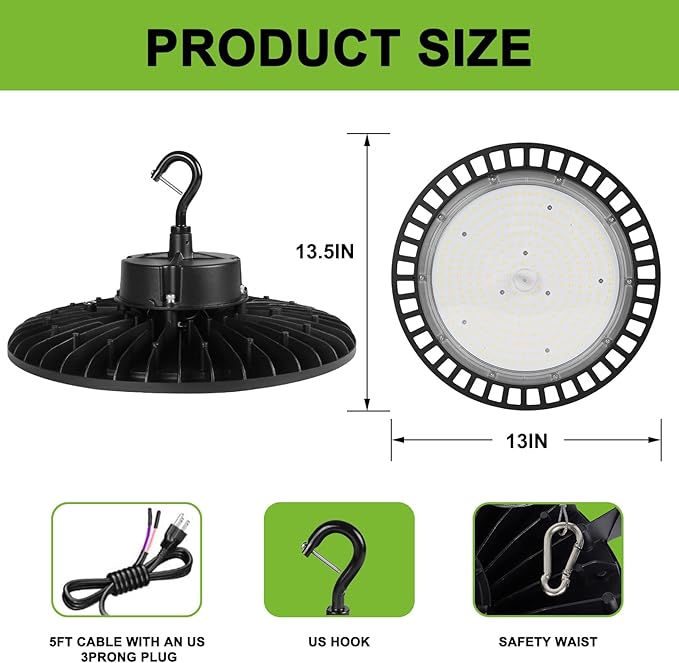 High Bay Led Shop Lights 200W 1-10V Dimmable UFO LED High Bay Light 200W 5000K with US Plug&Hook 30000LM ETL Listed - Ideal Shop Lights UFO Lights Led Warehouse